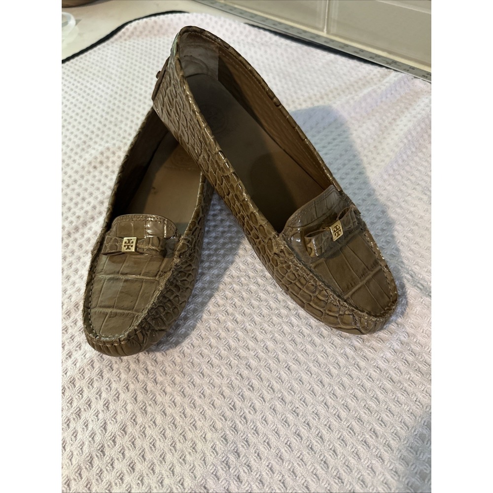Tory Burch Women's Brown Croc Leather Kendrick Driving‎ Moccasins Slip On 8.5